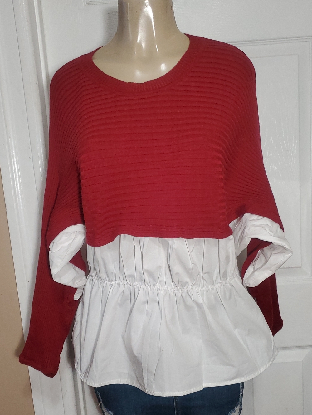 burgundy Ribbed Layered Sweater Top with White Peplum